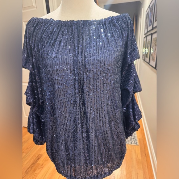 CECE Blue Sequin off shoulder Blouse - Picture 2 of 7